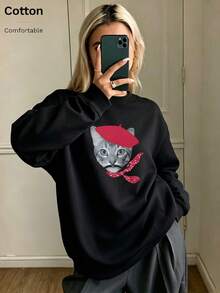 Oversized Women's Sweatshirt For Autumn/Winter, Casual Daily Wear, Long Sleeve Hoodie, Outerwear Top, Y2K, Letter Slogan Graphic, Unisex,Black - Black - View 3
