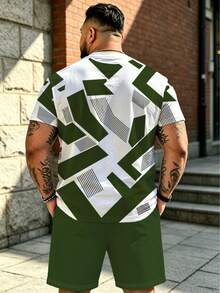 2pcs/Set Men's BIG&TALL Plus Size Summer Outfit, Red & White High Contrast Sharp Geometric Stripe Textured Print Top & Shorts Set, Streetwear Casual - Green - View 2