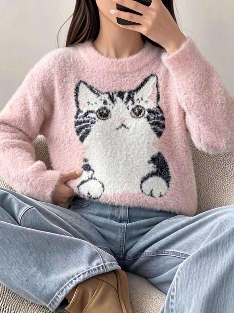 Girls Sweet Cute Cat Jacquard Round Neck Long Sleeve Sweater Knit Pullover Faux Mink Fur Casual Versatile Short Style Suitable For Daily Wear Campus Spring Autumn Winter - Pink - View 1