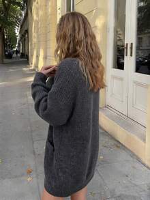Women's Autumn/Winter Casual Minimalist Loose V-Neck Cardigan Jacket Fall - Grey - View 2