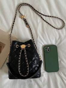 Nicekee Diamond Patterned Drawstring Bucket Handbag With Thin Chain And Metal Accessories, Suitable For Daily Outings, Dates, Gatherings And Commuting - Black - View 11