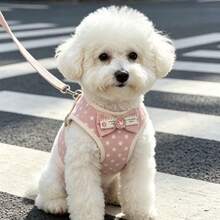 1 Set Cute Pet Harness & Leash Set, Pink Polka Dot Pet Harness & Leash Set With Gemstone Bowknot Decoration, Suitable For Cats And Dogs, Anti-Escape Pet Harness & Leash Set - Pink - View 6