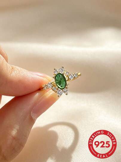 1pc S925 Sterling Silver Vintage Inlaid Synthetic Zirconia Geometric Green Gemstone Women's Ring, Elegant Elegant Jewelry For Party And Daily Wear