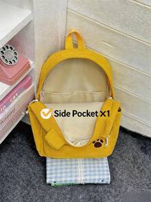 PC Cartoon Bear Pattern Corduroy Backpack, Sweet Casual Style, Top Handle Side Pockets, Lightweight And Durable, Suitable For School, Daily Shopping And Short Trips - Multicolor - View 8