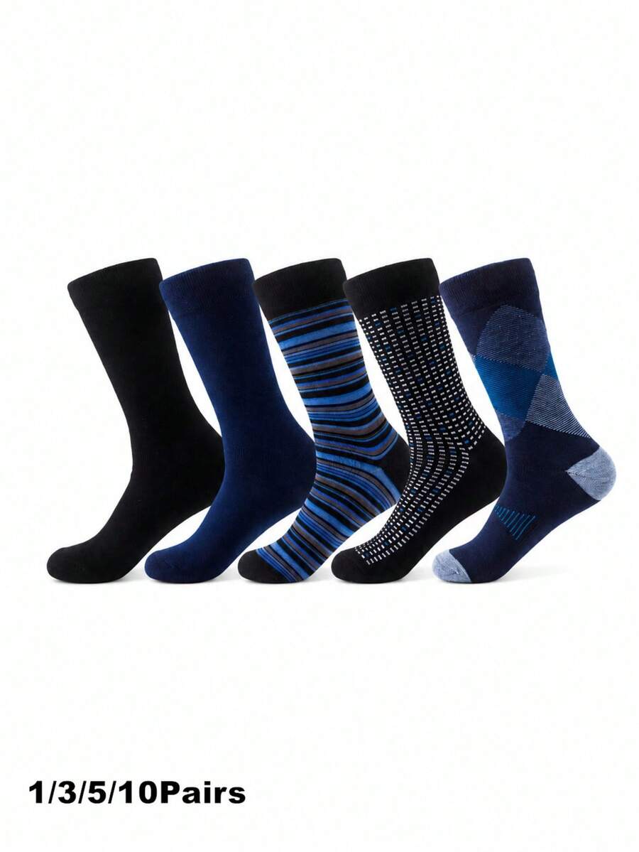 1/3/5/10 Pairs Men's Casual Mid-Calf Socks, Soft Cotton Dress Socks, Colorful Striped Plaid Geometric Pattern, Suitable For Daily Wear - Navy Blue - View 1