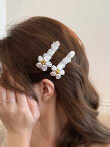 1PC Fairy-Style Lace Sweet Faux Pearl Flower Hair Clip, Side Bangs Straight Clip, Elegant Versatile Duckbill Hair Accessory For Women - Multicolor - View 5