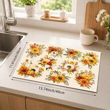 1pc White Sunflower Pumpkin Floral Pattern Kitchen Absorbent Drying Mat, Autumn Pastoral Style, Suitable For Kitchen Countertop, Coffee Machine, Dining Table And Thanksgiving Home Decor - Multicolor - View 12