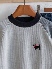 Boys' Preppy Contrast Color Embroidered Puppy Crew Neck Knit Pullover Sweater, Suitable For School Daily Wear In Spring, Autumn And Winter - Grey - View 3