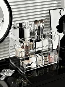 3-Layer Transparent Acrylic Cosmetic Storage Box, Large Capacity Makeup Display Rack, Desktop Drawer Organizer, Made Of Transparent Acrylic Material, Layered Design, Can Store Lipstick, Eye Cream, Cushion, Lotion, Makeup Brushes, Etc.; Equipped With Handle, Convenient To Access, Ideal Choice For Home Storage - Multicolor - View 8