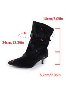 planare New Women's Elegant Black Velvet Embroidered Floral Ankle Boots, Slip-On Pointed Toe Kitten Heel Vintage Ruched Boots For Autumn/Winter Party - Black - View 10
