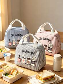 Striped Lunch Bag Featuring Coffee-Themed Patterns And Lettering.Reusable Insulated Lunch Box, Large Capacity Thermal Bag, Comes With Black Utensil Storage Bag, Snack Storage Bag, Multi-Functional Travel Storage Bag, Makeup Bag, Toiletry Bag, Suitable For School, Commute, Dorm, Picnic, Vacation, Birthday Gift, Halloween Christmas Gift - Multicolor - View 6