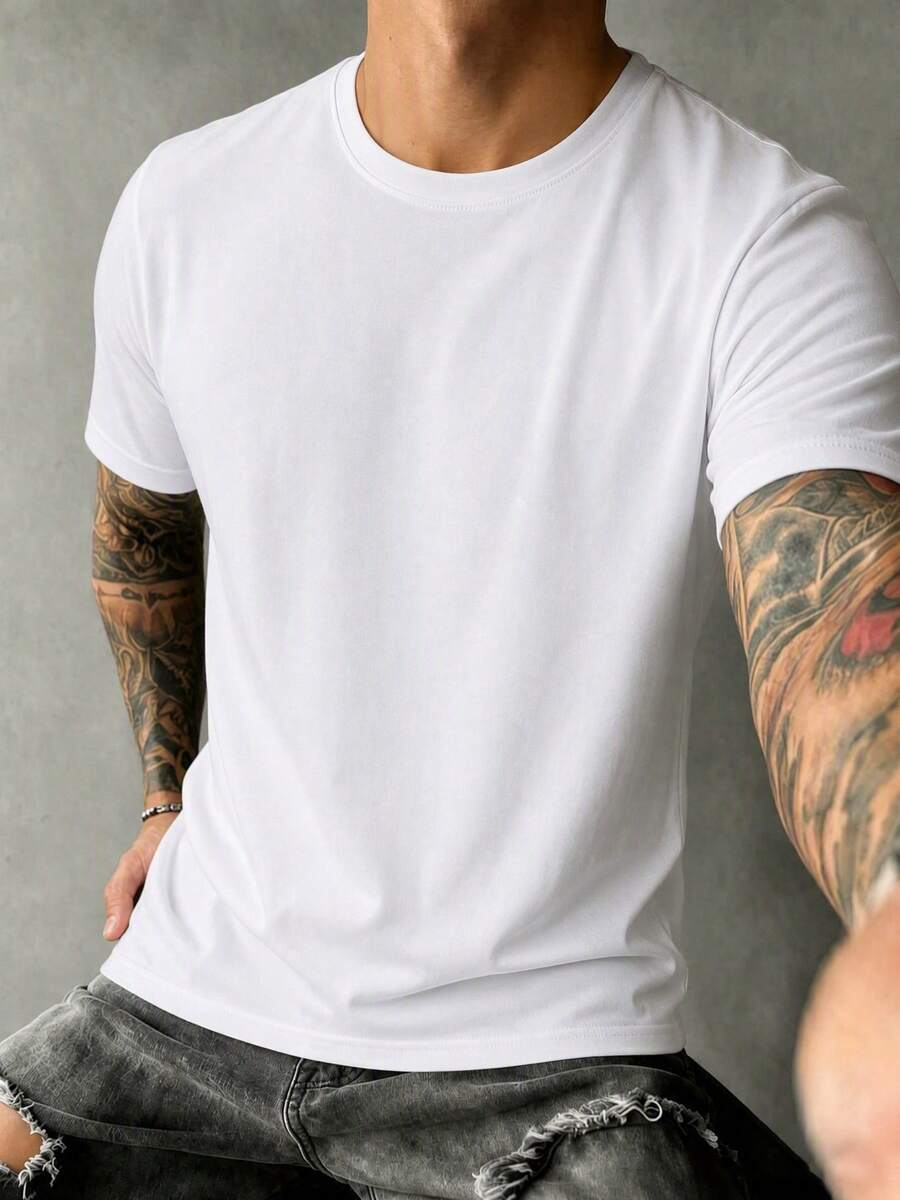 Fathers Day Gift Casual Versatile Comfortable Solid Color Crew Neck Short Sleeve T-Shirt, Summer - White - View 1