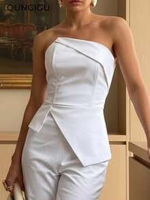 Women's Casual Strapless Peplum Top Asymmetrical Fold Over Neckline Tube Top For Fall Daily Commuting Going Out Dating - White - View 3