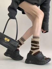 2 Pairs Autumn/Winter 2 In 1 Design Striped Slouch Mid-Calf Socks, Warm Layered Loose Fit Calf Socks - Multicolor - View 4