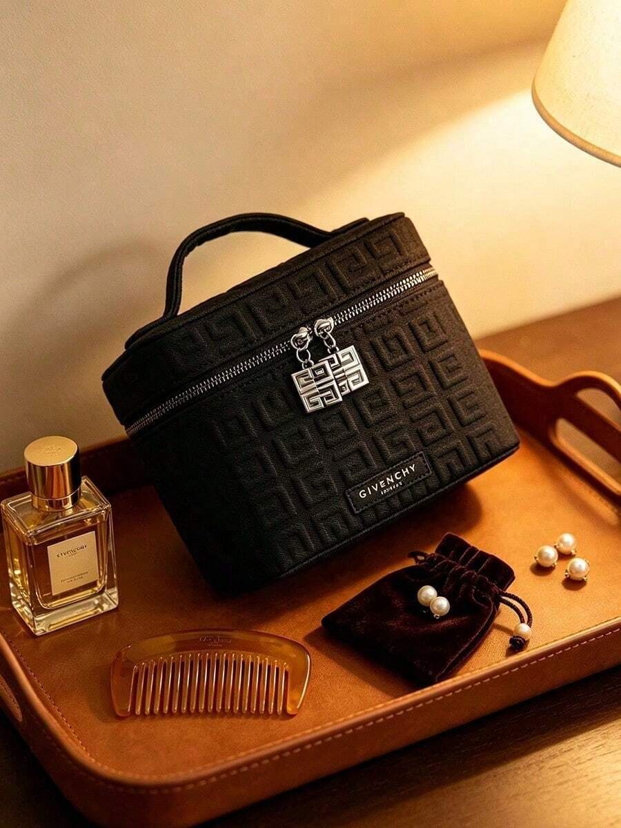 Embossed Large Capacity Cosmetic Bag, Portable Storage Bag For Skincare And Makeup, Scratch-Resistant And Wear-Resistant, Travel, Business Trip, Home Organization, Gift For Best Friend, Birthday, Holiday, Souvenir, GIVENCHY - Black - View 1