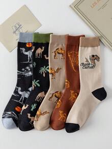 Men's Vintage Desert Camel Jacquard Mid-Calf Socks, Ins Style Versatile Casual Long Socks, Breathable Soft Comfortable Socks, Suitable For Daily Wear - Multicolor - View 5