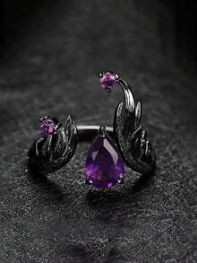 1pc Dark Elf Magic Ring Purple Faux Gemstone Niche Design Premium Sweet Cool Vintage Versatile Ring - Black - View 1
