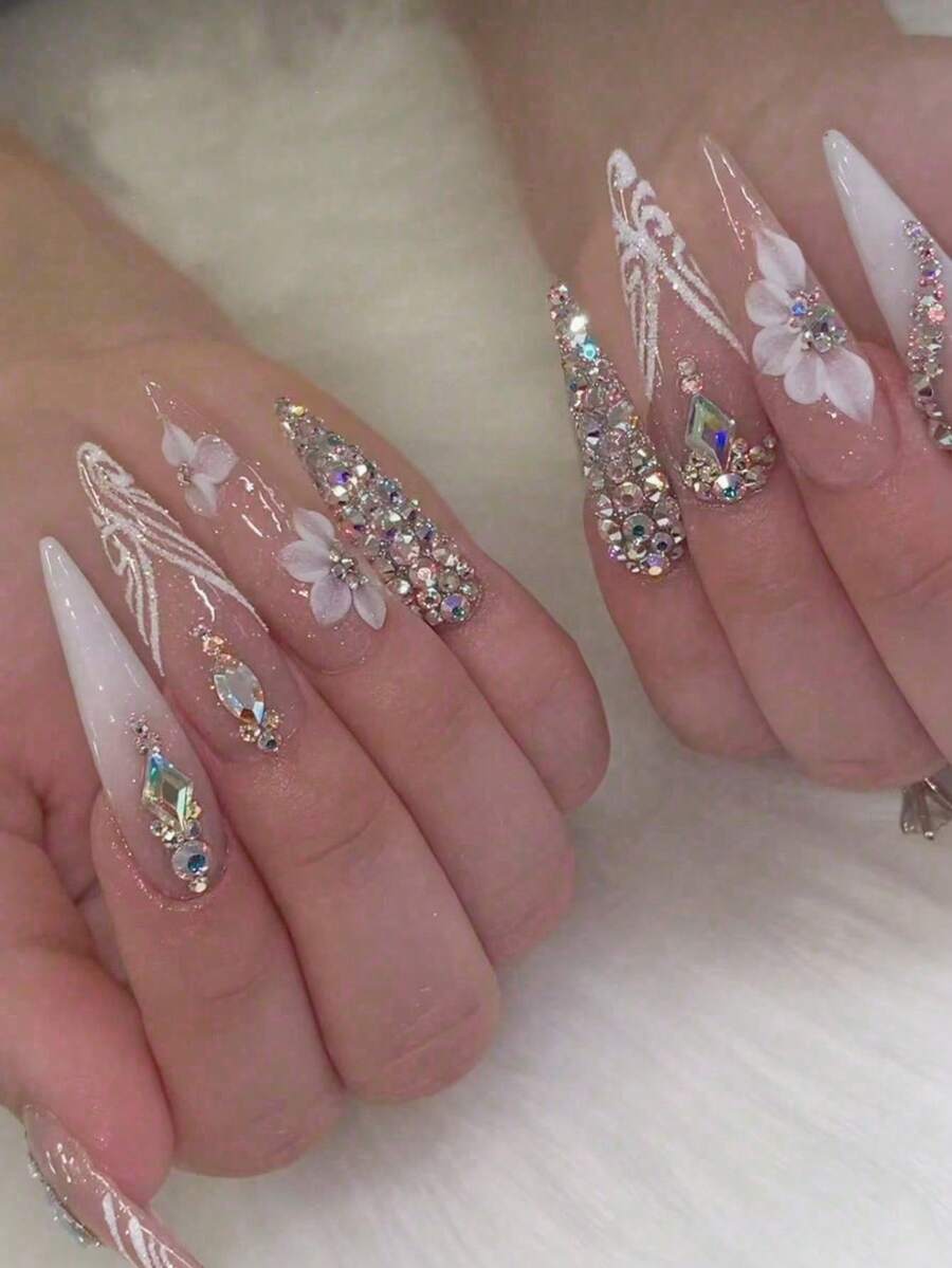 24/12pcs Long Water Drop Shaped Press-On Nails, Shiny Rhinestone Gradient Floral Pattern, Sweet Cool European Style Nail Stickers, Suitable For Women - Multicolor - View 1