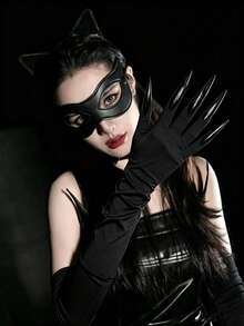 Black Cat‑Eye Mask & Long Claw Gloves Set, Halloween Cosplay Costume Accessory - Multicolor - View 3