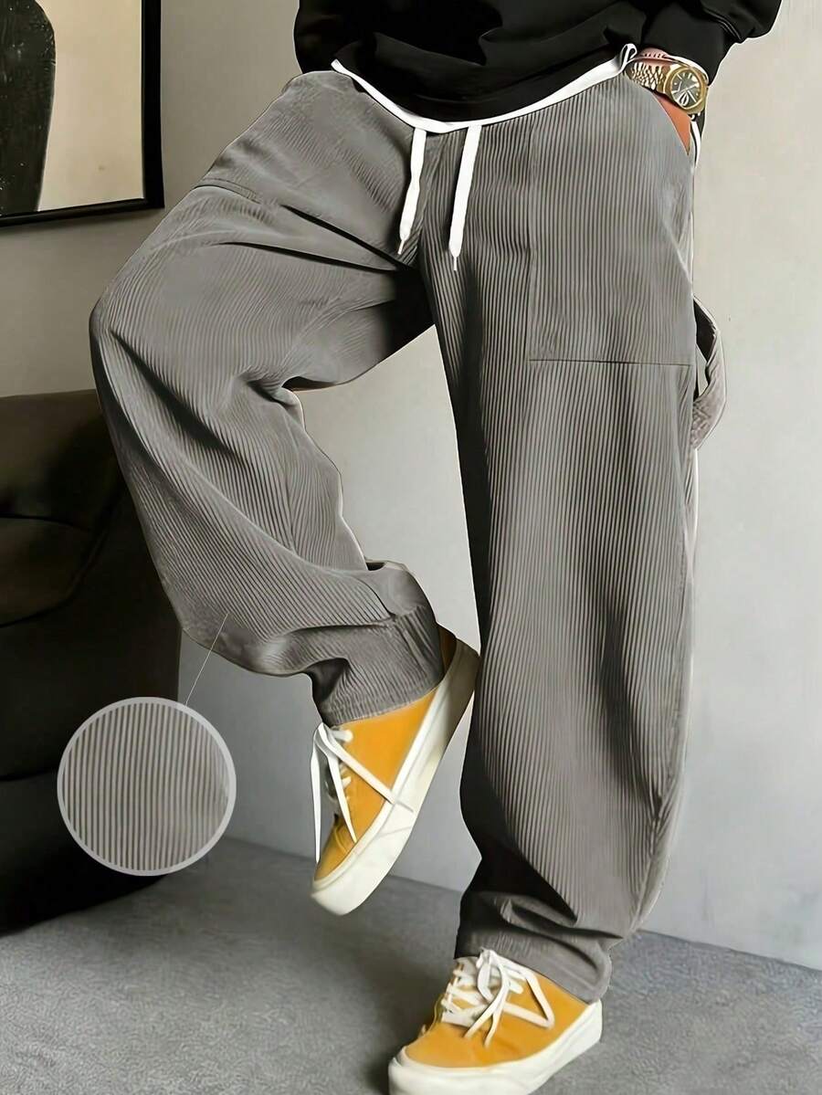 Men's Vintage Corduroy Casual Pants, Multi-Pocket Wide Leg Straight Leg Fashion Trousers - Grey - View 1