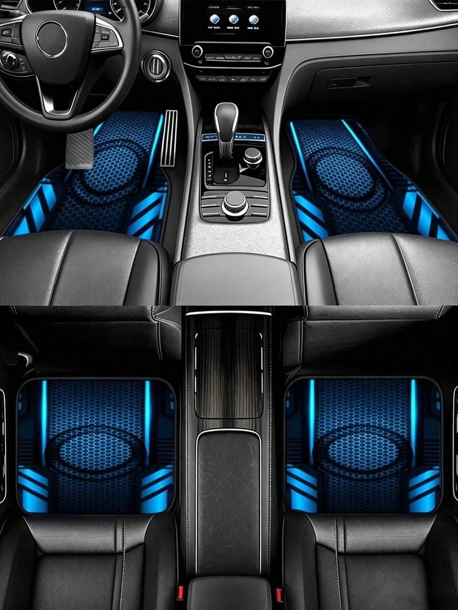 Blue Hexagonal Pattern Car Floor Mats 4pcs Universal Fit Futuristic Design Auto Interior Mat Set For Most Cars Stylish Vehicle Floor Protection Cushion Car Interior Decoration Accessory - A - View 1