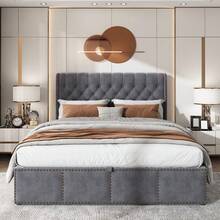Upholstered Bed,King Size Bed,With Hydraulic Lever, Functional Storage Bed, Rivet Decoration, Without Mattress, Linen - Grey + Velvet + 180cm*200cm - View 2