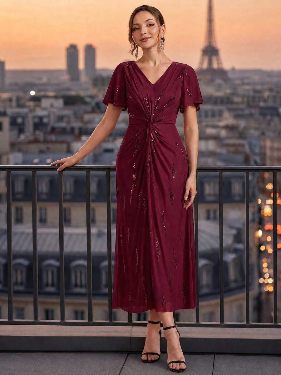 EVERPRETTY Elegant High-Elastic Comfortable Ruffle Knot Wrap Design Mid-Length Formal Evening Gown, For Wedding Guests, Mother Of The Bride,Semi-Formal Occasions - Burgundy - View 1