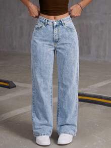 Women's Light Blue Mid-Waist Slim Fit Straight Leg Casual Pants & Versatile Washed Denim Spring Fall - Blue - View 5