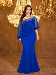 SUPGIR Plus Size Women Asymmetric Shawl Sleeve Handmade Rhinestone Chiffon Fitted Evening Dress Party Wedding Spring Fall - Royal Blue - View 2