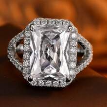 1pc Exquisite Hollow Four-Prong Rectangular Large Diamond Halo Couple Ring, Geometric Evening Party Proposal Engagement Gift Jewelry - White - View 6