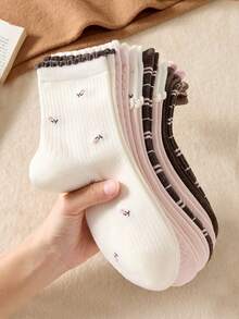 4 Pairs Women's Cute Sweet Breathable Floral Striped Embossed Lace Pattern Mid-Calf Socks Ankle Socks Casual Comfortable Preppy Style Student Socks Fashionable Comfortable Random Colors Suitable For Daily Wear Spring Summer Autumn Winter All Seasons - Multicolor - View 8