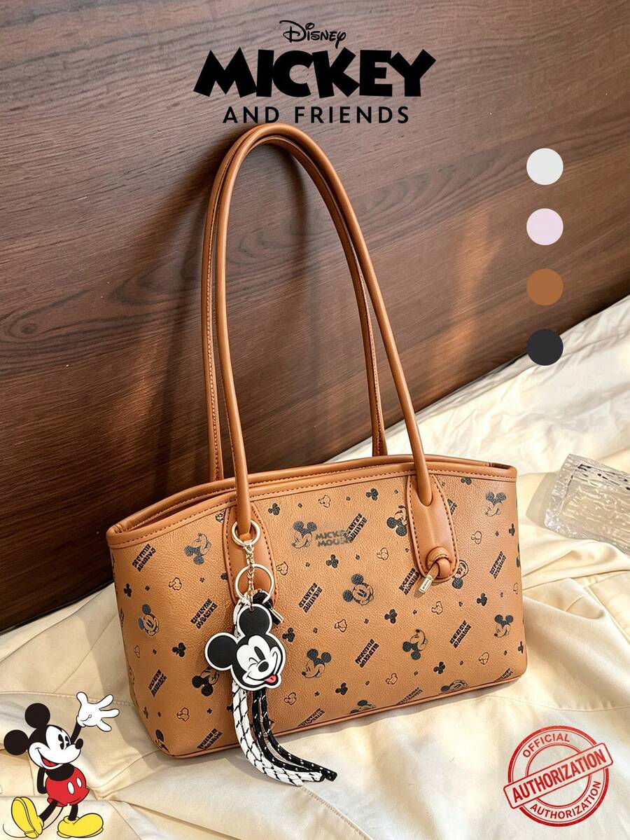 Disney Elegant & Sophisticated Style, Fashionable Versatile Mickey Mouse Print Shoulder Bag With Pendant Decoration Design, Can Hold Phone - Multicolor - View 1