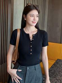 Chic Metal Half-Button V-Neck Short Sleeve Knit Top For Women, Fitted Design, & Versatile, Spring/Summer Black - Black - View 4