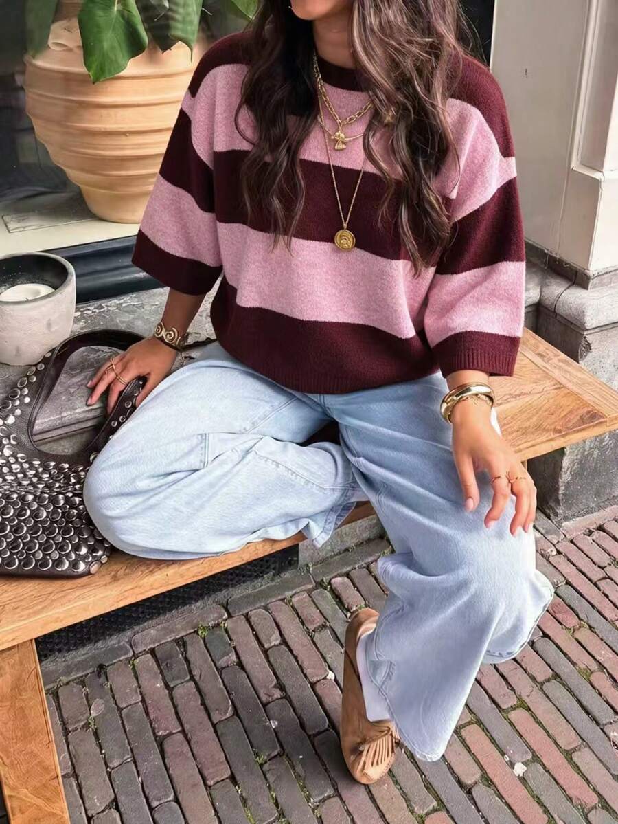 女款新款秋季拼色條紋針織上衣,休閒日常通勤學院風 - 酒紅拼艷粉 - 查看 1