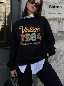 Women Cotton Crew Neck Loose Sweatshirt For Autumn Vintage 1984 Original Parts Print Long Sleeve Black Casual Street Sport Style - Black - View 2