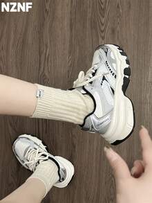 NZNF Flattering Chunky Sneakers For Women, White Color, Increased Height, Retro Thick Sole, Low-Top, Autumn 2025 New Arrival - Black - View 11