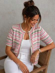 Women's Round Neck Short Sleeve Multi-Color Knit Top - Multicolor - View 3