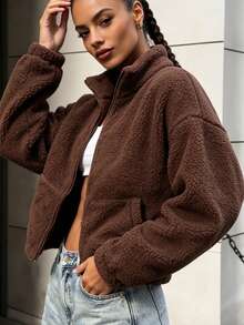 Women's Autumn/Winter/Spring Casual Zip-Up Lamb Fleece Wool Short Jacket, Fashion Solid Color Teddy Top, Slim Fit Sweatshirt For Outdoor, Fitness And Sports - Brown - View 3