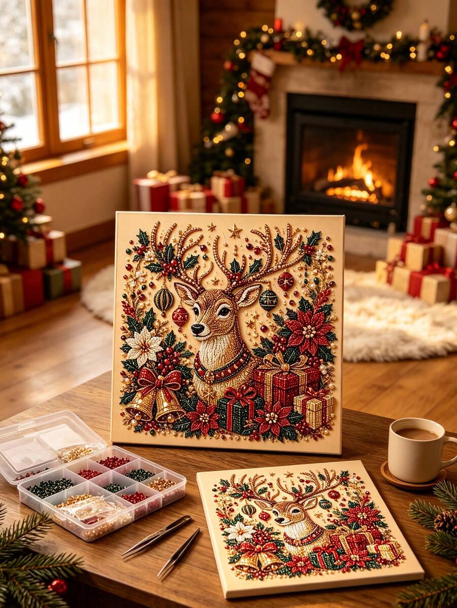 Christmas Pearl Painting Set, Pearl Rhinestone Christmas Bell Gingerbread House Reindeer Sock Christmas Tree Pattern Canvas Decorative Painting, Suitable For Living Room Bedroom Holiday Gift, Unframed - No Frame - View 1