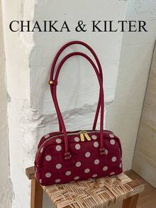 CHAIKA & KILTER 1pc Colorblock Matte Suede Fabric Shoulder Bag Women's Fashion Large Capacity Bowling Bag All-Over Polka Dot Pattern Dual Handle Design Zipper Closure Suitable For Daily And Street Use - Red - View 5