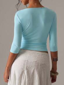 Women's Elegant Elegant Lady Deep V-Neck Top - Mint Blue - View 2