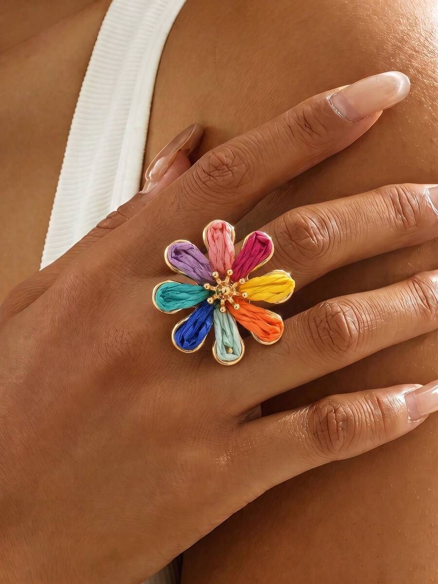 1pc Bohemian Vacation Style Raffia Colorful Flower Ring, Suitable For Women Beach Outing Daily Outfit Matching Accessory - Multicolor - View 1