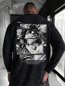 Men's Spring/Autumn Patchwork David Statue Print Faux Washed Drop Shoulder Loose Crew Neck Long Sleeve T-Shirt - Black - View 1