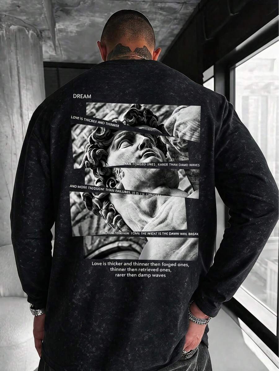 Men's Spring/Autumn Patchwork David Statue Print Faux Washed Drop Shoulder Loose Crew Neck Long Sleeve T-Shirt - Black - View 1