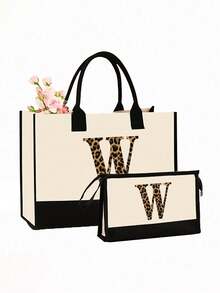 2pcs Canvas Tote Bags With Letter Pattern, Casual Style, Open Design, Fixed Shoulder Strap, Wipeable Clean, Suitable For Travel, Shopping, Also An Ideal Gift For Family And Friends - Multicolor - View 9