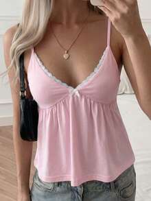 Y2K Style Girls' Pink Lace Trim Camisole With Bow Decor, Suitable For Street Style, Dates, Office And Casual Wear In Summer, Aesthetic - Pink - View 6