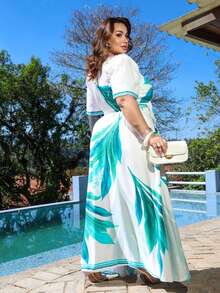 vestido longo feminino com fenda plus size  elegante  Casual  Conservador / modesto - estampa verde - Visão 5
