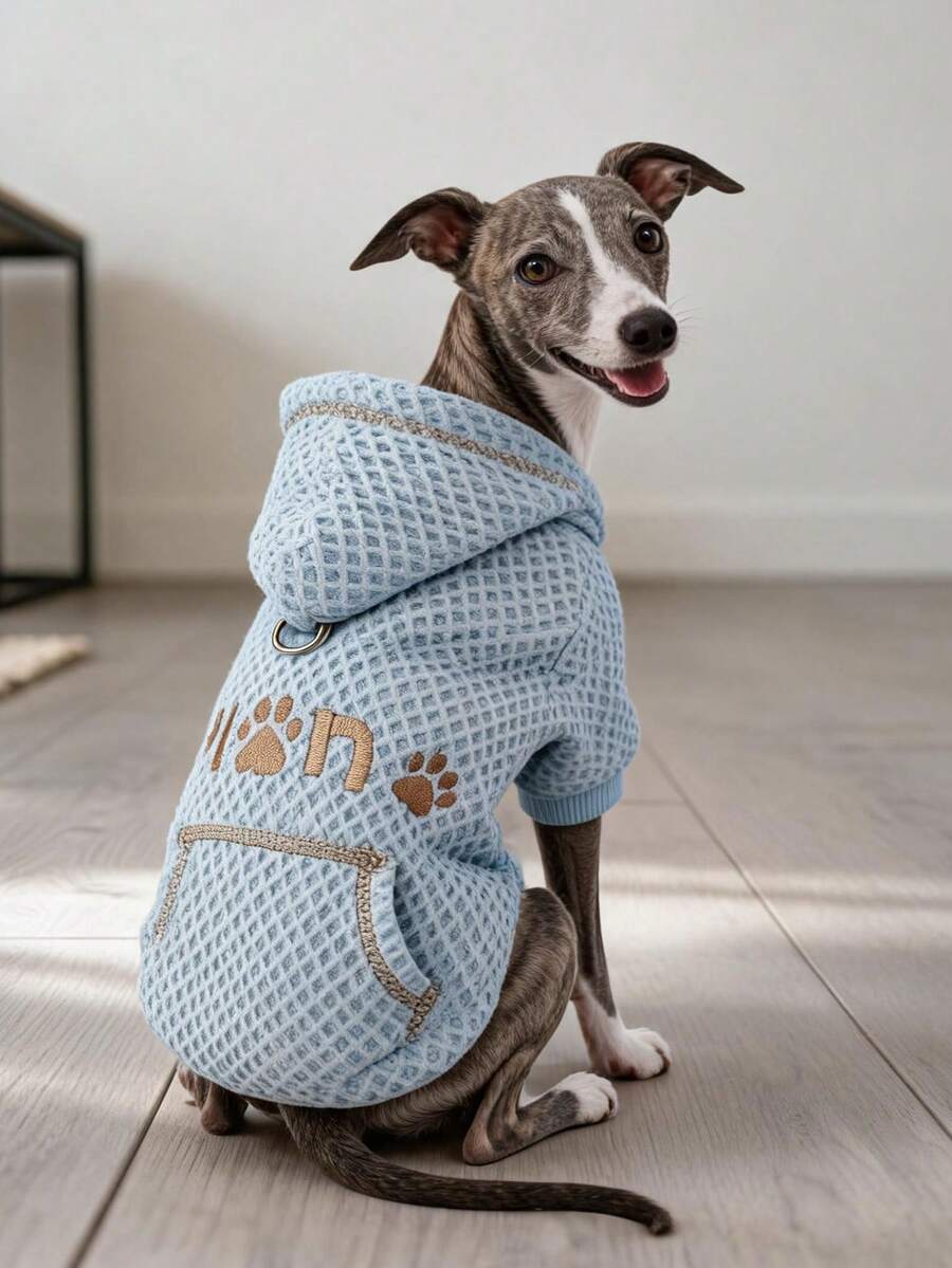 PETCIRCLE 1pc Pet Clothes Cute Pet Thermal Lined Hooded Windproof Cold-Proof Embroidered Letter A Plan Sweatshirt - Blue - Blue - View 1