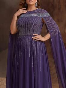 YISIKADO Plus Size Women's Elegant Chiffon Evening Gown, Round Neck, Sparkling Rhinestone Cape Sleeves, Floor Length Formal Ball Dress - Purple - View 7