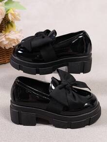 Girls' Shiny Patent Leather Thick Sole Loafers, Sweet Bow Decor, Slip-On Casual Shoes, Suitable For Various Daily Casual Occasions - Black - View 2